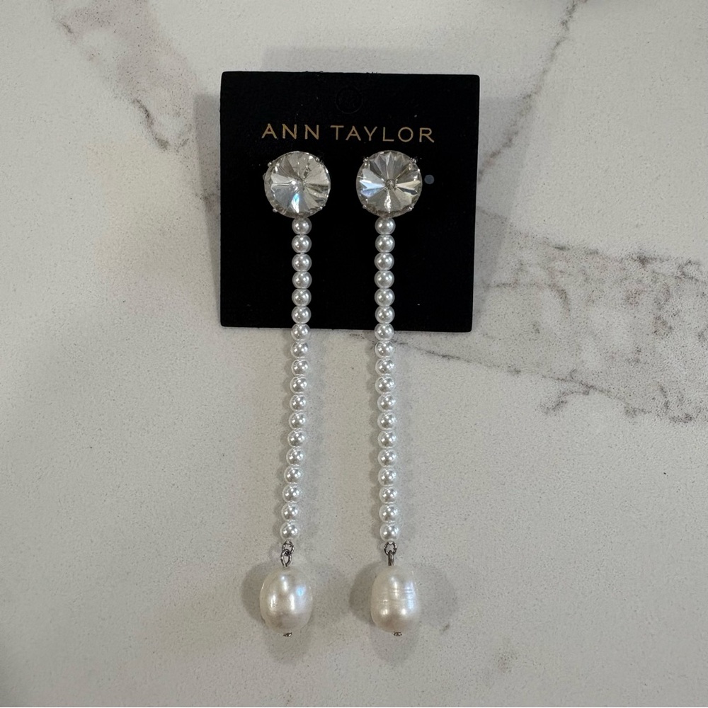 Ann Taylor Crystal and Pearl Long Dangle Earrings